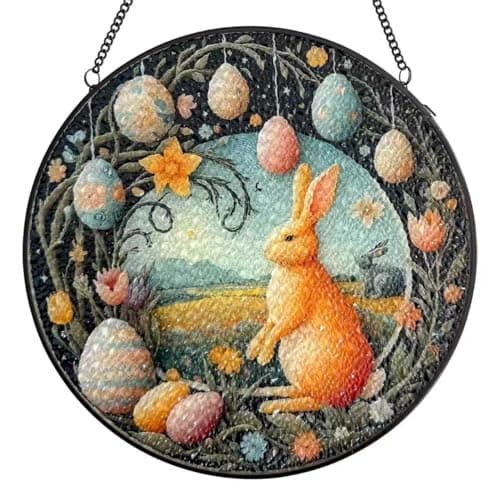 Easter Bunny Stained Glass Window Hanging Suncatcher, Colorful Rabbit with Egg Spring Decor for Home Garden, Animal Glass Art Ornament, Birthday Gift for Women Mom Nana, 7.8 Inch Sun Catcher - Image 1