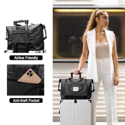 WOOMADA Foldable Travel Duffel, Weekender Bag with Expandable Space, Carry-On for Airplanes, Gym Bag for Women, Lightweight (Black) - Thumbnail 5