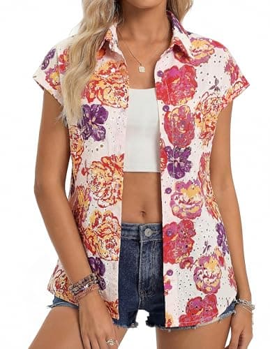 GRACE KARIN Floral Eyelet Spring Summer Tops for Women,2026 V Neck Dressy Casual Shirts,Boho Button Down Short Sleeve Blouses Red L - Image 1