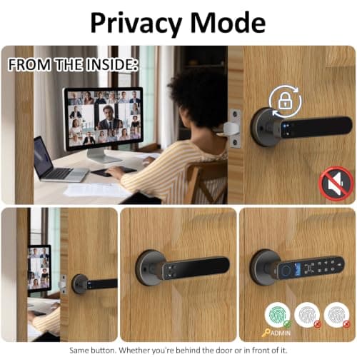 Fingerprint Keyless Entry Bedroom Door Lock with Code RFID Card NFC APP Keypad, Smart Biometric Automatic Interior Door Handle with Lock for Indoor Hotel Pantry Apartment Office Home, Black - Thumbnail 3