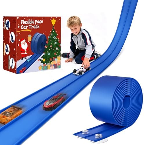MozoaLata Flexible Race Track for Kids 15ft Race Car Track, Rolls Up Portable Racetrack Compatible with Hot Wheels & Diecast 1/64th Cars,2025 Christmas Birthday Gift, (2 Lane Tracks - Blue) - Image 1