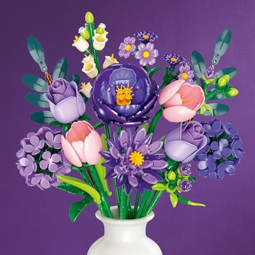 LYNGVA SAIRO Purple Flower Bouquet Building Set for Women & Adults, Rose Tulip Camellia Ferns & Dahlia, Artificial Botanical Collection, Living Room Home Decor, 642 Pcs - Image 1