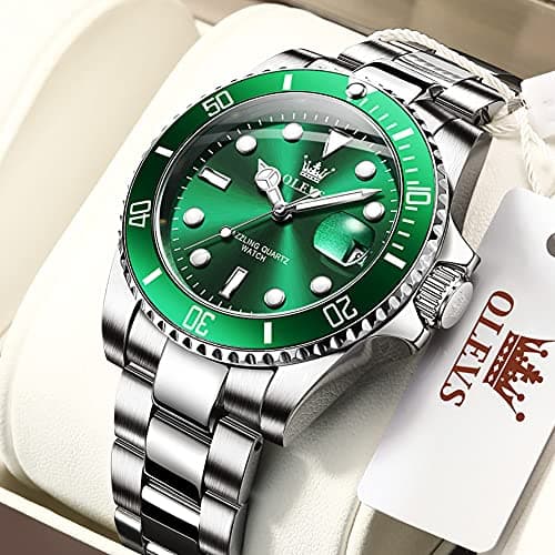 OLEVS Wrist Watch for Men with Day Easy to Read Luminous Dial Stainless Steel Waterproof Dress Classic Mens Silver Watches Serrated Bezel Green Dial para Mujer - Thumbnail 3