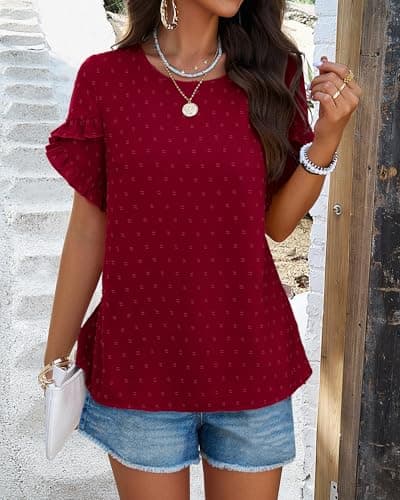 PRETTYGARDEN Women's Tops 2026 Summer Ruffle Short Sleeve Crewneck Blouses Swiss Dots Solid Loose Tunics Work Shirts(Wine Red,X-Large) - Thumbnail 4