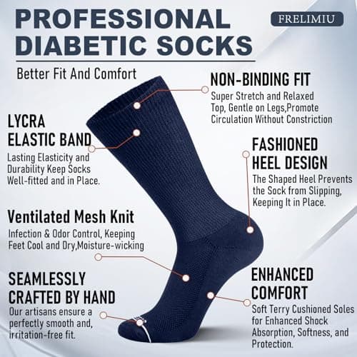 Frelimiu Diabetic Socks for Men, 4 Pairs Seamless Crew Socks with Non Binding, Soft Cushioned Sole Sock with Loose Top, Diabetes Sock Men for Neuropathy, lymphedema, Edema, Swollen Feet, 8-11(L) - Thumbnail 2