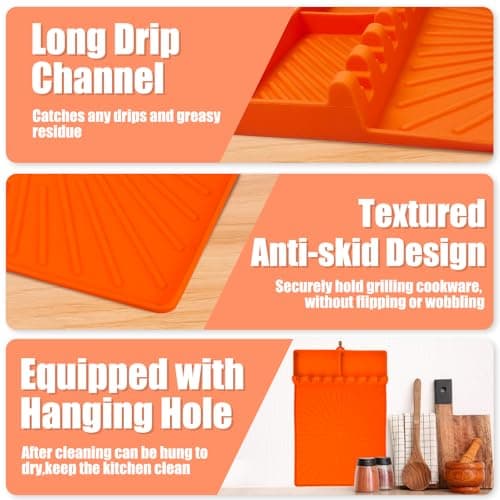 Silicone Grill Mat, Large Size Silicone Side Shelf Griddle Tools Spatula Mat with Drip Pad for Outdoor Grill Kitchen Countertop, Reusable Black-stone Griddle Accessories, Orange - Thumbnail 6