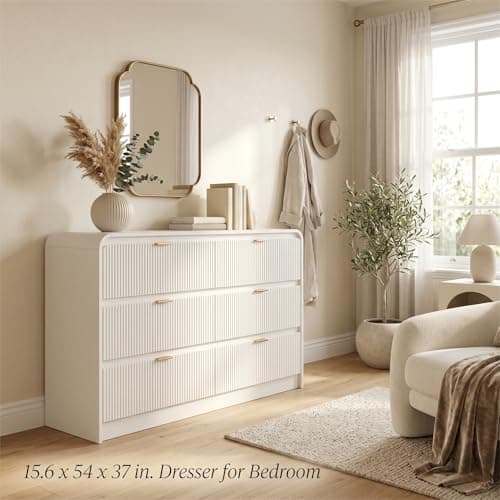 FURSUN Fluted 6 Drawers Dresser for Bedroom, 54" Wide Wooden Dresser with Metal Handle, Curved Profile Design, Modern Storage Organizer for Bedroom, Living Room, Hallway, White - Thumbnail 4