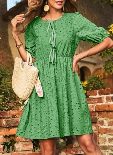Dokotoo Dark Green Dress Women 2026 Fashion V Neck Embroidered Summer Dress Elegant Hollow Out Eyelet Tie Front Cotton Dress Short Sleeve Casual A Line Mini Dresses X-Large - Thumbnail 2