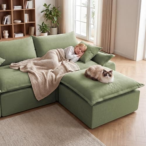 ceamorfco 108" Modern L-Shaped Modular Sectional Sofa for Living Room, Corduroy Upholstery Green, Oversized 3-Seater Couch with Deep Seat and Movable Ottoman – No Assembly - Thumbnail 6