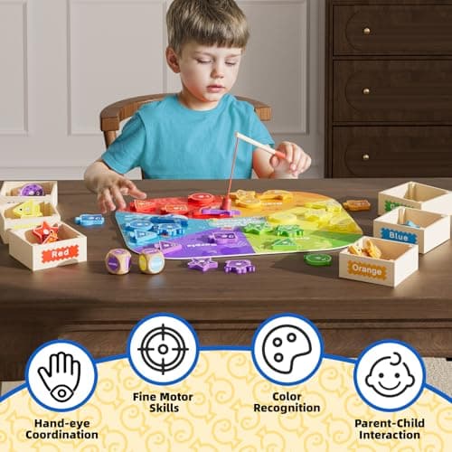 edutree Montessori Toys for Toddlers 1-3, Magnetic Fishing Game for Kids 2-4, Color & Shape Sorter Educational Learning Toys with Wooden Box & Puzzle for Boys Girls 3-5 - Thumbnail 5