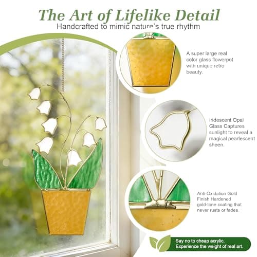 Lily of the Valley Suncatcher - May Birth Flower Gold Edged Stained Glass, 8 Inch Real Glass Window Hanging, Thoughtful Memorial, Grandma & Plant Lover Gift for Mother‘s Day, Wedding, Housewarming - Thumbnail 2