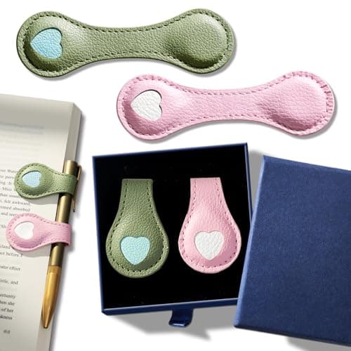 2Pcs Magnetic Leather Bookmarks with Gift Box Magnetic Pen Holder Book Marks Clip Gift for Book Lover Readers Men Women Teachers Students, Heart (Pink+Green)