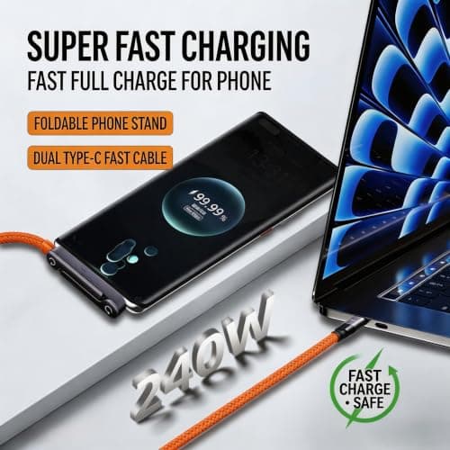 240w USB C to USB C Fast Charging Cable 5ft with Foldable Phone Stand, 90° Elbow Braided Type-C Cable, 2-in-1 Charger Cord for Gaming/Video Streaming, Compatible with iPhone 15/16/17, Samsung, Laptops - Thumbnail 3