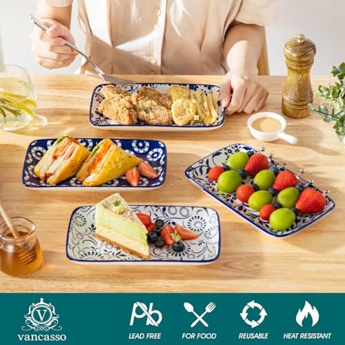 vancasso Selene 8.5 Inch Rectangular Salad Plates Set of 6, Ceramic Salad Plates for Sushi, Dessert, Appetizer, Porcelain Platters for Kitchen Decor, Microwave & Oven Safe, Vintage Blue & White Color - Thumbnail 4