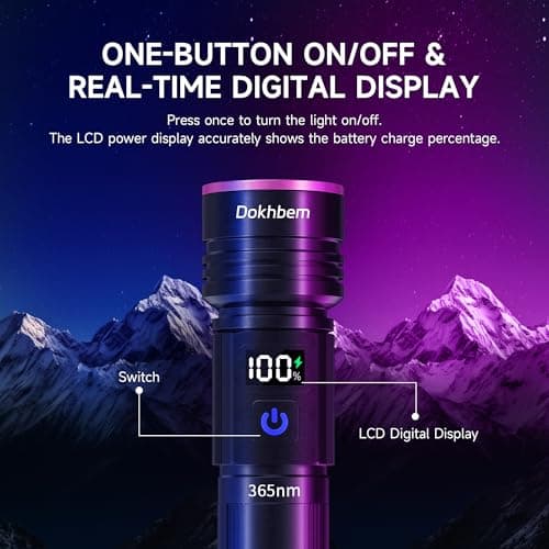 Dokhbem 365nm UV Flashlight Rechargeable, Black Light Flashlight with LCD Display, Powerful Ultraviolet Lights for Pet Urine Detection, Resin Curing, Rockhounding, Scorpion, Uranium Glass, A/CLeak - Thumbnail 3