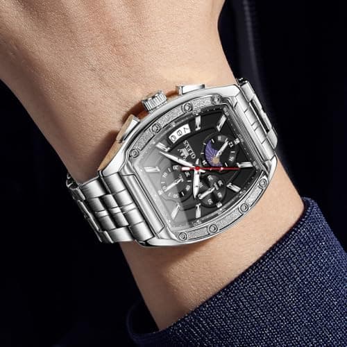 OLEVS Men's Silver Stainless Steel Large Rectangle Black Face - Thumbnail 3