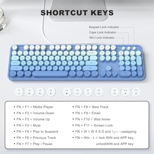Atelus USB Wired Computer Keyboard - Retro Typewriter Style Full Size Office Keyboard with Number Pad, Caps Indicators, Foldable Stands, for PC Laptop Desktop Windows (Blue) - Thumbnail 5