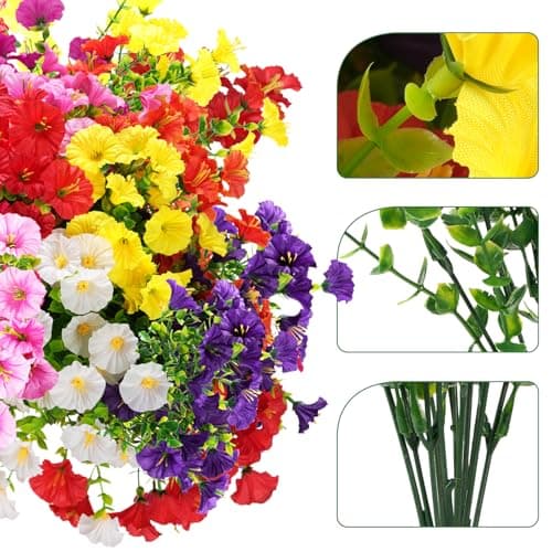 maxkes Artificial Flowers for Outdoors, UV Resistant Fake Silk Morning Glory, Realistic Faux Plants for Outside Porch Patio Window Box Hanging Planter (12, Purple White Yellow Pink Red) - Thumbnail 3