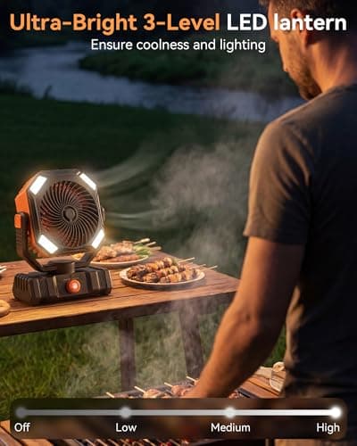 USONE Misting Fan, Portable Camping Fan Rechargeable, Battery Powered Fan for Camping with Light, Remote & Timer, Hanging Tent Fan with Hook for Outdoor fishing, Travel, Work/Summer Essential - Thumbnail 4