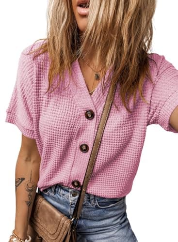 Dokotoo Women Waffle Knit Top 2026 Fashion Solid Color Oversized Cardigans Short Sleeve Button Down Shirts Ladies Loose Fit Shacket Tunic Pink Blouses Medium - Image 1
