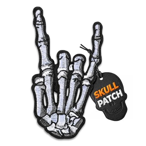 Biker Patches for Vest – 2-in-1 Punk Rock Patches Iron On & Sew On, Cotton Polyester, Easy 30-Second Fix for Jeans, Jackets, Bags, Backpacks & Hats – Skull Patch Finger Heavy Metal Music Hand Symbol - Image 1