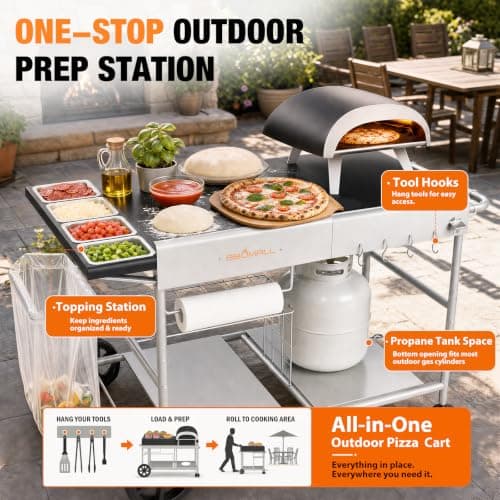 BBQMall Pizza Oven Table Grill Cart with Topping Station, Grill Table Stand with Wheels for Ninja, Blackstone Griddle, Ooni, Gozney, Cuisinart, Heavy Duty BBQ Prep Cart with Storage Shelf and Hooks - Thumbnail 5