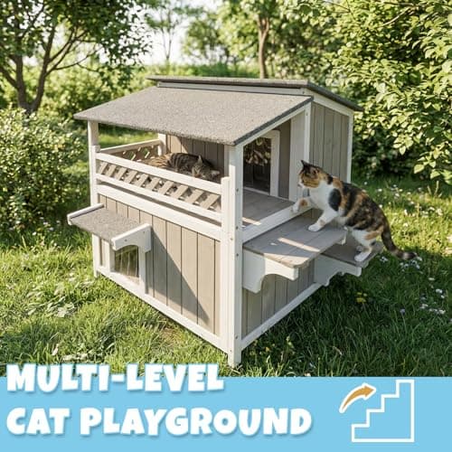 Pawbuilt Outdoor & Indoor Wooden Cat House, Weatherproof Two-Story Cat Shelter, Enclosed Multi-Level Cat Home for Cats - Thumbnail 4