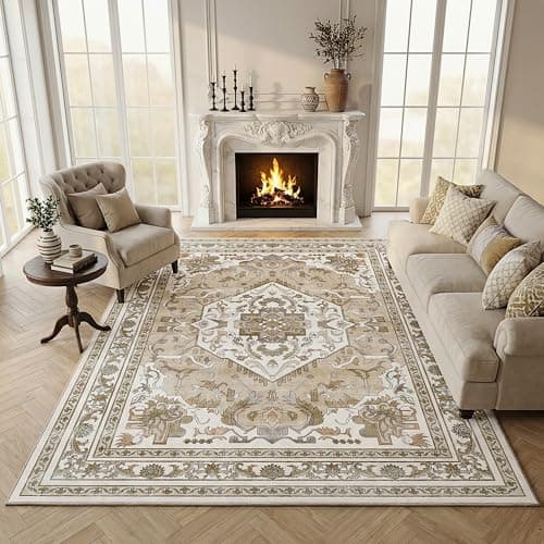 Cnythlis Extra Large Washable Area Rug Living Room Rug 9’x12’, Vintage Medallion Non Slip Water Resistant Faux Wool Carpet for Bedroom Dining Room Office, 0.26" Low Pile, Beige & Ivory - Image 1