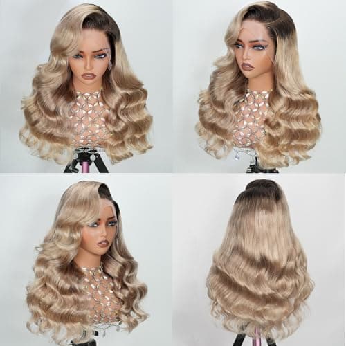 ILHILH 220 Density Ash Blonde Wig Human Hair Body Wave 13x6 HD Lace Front Wigs Human Hair For Women Ombre Brown Roots Ash Blonde Wigs Colored Lace Frontal body wave 26 Inch - Thumbnail 5