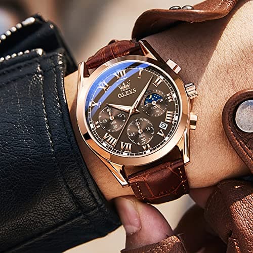 OLEVS Mens Watches Casual Brown Leather Mens Watch Rose Gold Analog Waterproof Chronograph Watch for Men Classic Vintage Quartz Date Moon Phase Men's Wrist Watches Reloj para Hombre - Thumbnail 2
