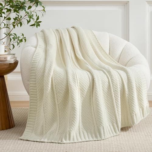 Amélie Home UltraChunky Chenille Throw Blanket, Soft Moss Stitch Knit Blanket for Couch, Sofa, Chair, Home Decor, Ivory 50"x60" - Thumbnail 3