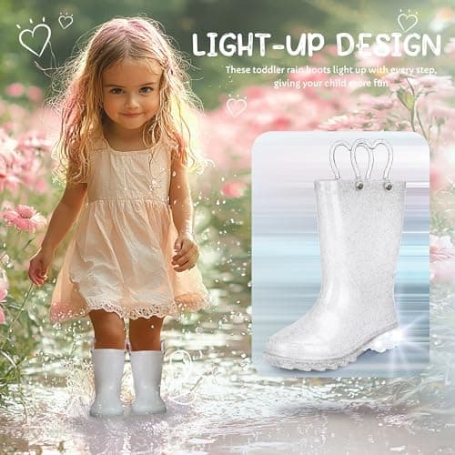 Funspread Girls Rain Boots - Glitter Light Up Kids Rain Boots with Easy-On Handles, Size 2 - Thumbnail 2