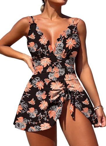ZAFUL Women One Piece Swimdress Swimsuits Scalloped Tummy Control Swim Dress Tie Knot Skirt Bathing Suit (Black Floral M) - Image 1