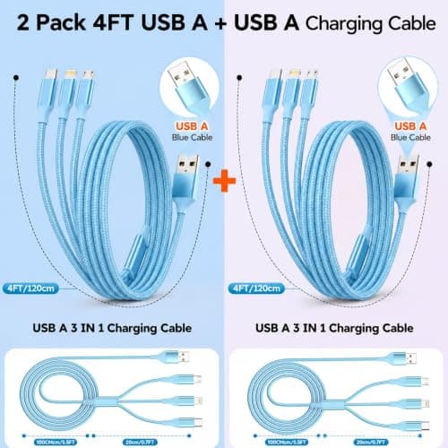 3 in 1 Multi Charging Cable for Multiple Devices Fast Charge 2Pack 4FT Blue - Thumbnail 2
