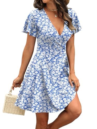 RUMIA Womens Summer Dresses 2026 Wrap V Neck A-line Casual Sundresses Holiday Party Cocktail Dress Floral Blue M - Thumbnail 4
