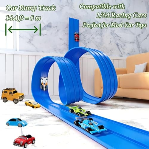 Easter Basket Stuffers for Kids - Flex Tracks 16.4 Ft Starter Set Flexible Race Track for Kids, Race Car Ramp Track Compatible with Hot Wheels and Diecast 1/64th Cars with Strong Suction Cups (Blue) - Thumbnail 2