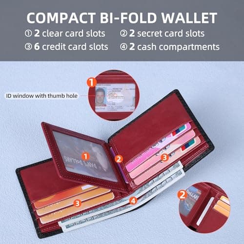 VISOUL Wallet for Men with 2 ID Windows 8 Credit Card Slots 2 Cash Compartments, Carbon Fiber Leather Bifold Mens Wallet with RFID Blocking (Carbon Fiber Black+Burgundy) - Thumbnail 2