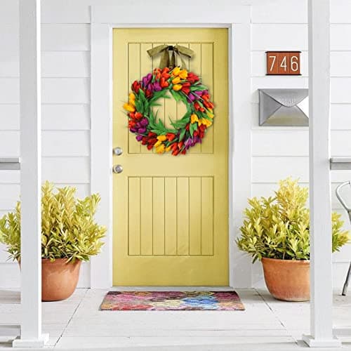 U'Artlines 20 Inch Tulip Wreath for Front Door, Spring Summer Silk Wreath with Green Leaves Artificial Tulip Flower Wreaths for All Seasons Window Wall Wedding Valentines Day Decor - Thumbnail 2