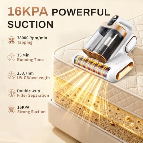 SRGARH Cordless Mattress Vacuum Cleaner, 16Kpa Bed Vacuum with 253.7nm UV-C Light & Ultrasonic Tech, HEPA Filter, Portable Handheld Vacuum for Bed Sofa Couch Crib & Pet Hair (White) - Thumbnail 2