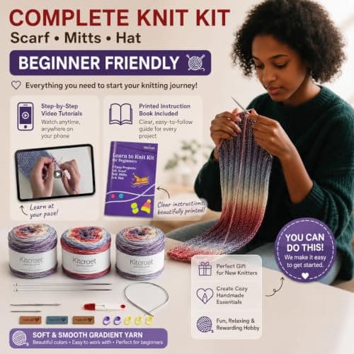 Kitcroet Knitting Kit for Beginners, Complete Beginner Knitting Kit Including Knitting Needles Set, Soft Gradiant Cake Yarn, Learn to Knit Scarf, Beanie, Mittens with Step by Step Video Tutorials - Thumbnail 2