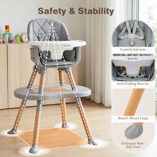 Ezebaby 8-in-1 Baby High Chair, Convertible High Chair for Babies and Toddlers/Booster Seat/Toddler Chair/Table & Chair Set/Kids Stool, Wood Highchair with Removable Tray, Seatbelt, PU Cushion (Gray) - Thumbnail 3