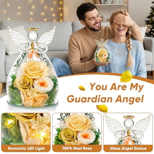 Preserved Rose in Glass Angel Figurine, Mothers Day Gifts for Mom/Wife/Grandma, Forever Flowers Rose Anniversary, Graduation or Birthday Gifts for Women Her - Thumbnail 2
