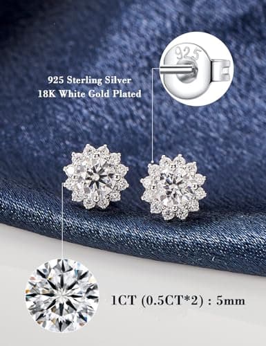 IMOLOVE Moissanite Stud Earrings Lab Created Moissanite Earrings in Sterling Silver Trendy Flower Halo Earrings for Women Men D Color Round Cut - Thumbnail 2
