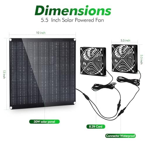 5.5" Solar Fan, Solar Panel Fan, 30W Solar Powered Fan with Dual IPX7 Waterproof Fans for Outside Chicken Coops, Greenhouses, Sheds, Intake or Exhaust Air Fan, Solar Ventilation Fan, Solar Exhaust Fan - Thumbnail 2