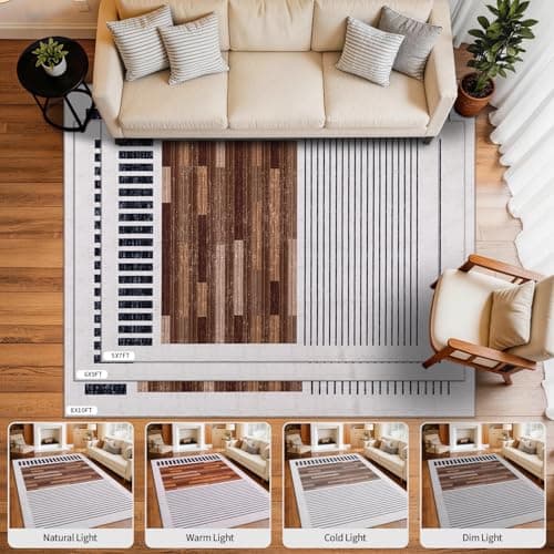 YIHOUSE 6x9 Washable Area Rugs for Living Room, Tan Black and White Striped Rug for Bedroom Non Slip Low Pile, Minimalist Modern Geometric Carpet for Entryway Room Office Home Decor - Thumbnail 2