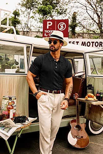 Golf Polo Shirts for Men Short Sleeve Lapel Collar Textured Knitting Polo Shirts Casual Tee Shirts Tops Black M - Thumbnail 5