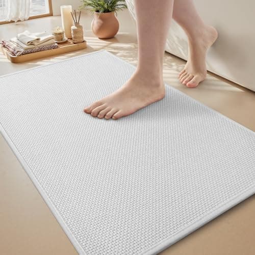 MontVoo Bath Mat Rug-Ultra Thin Non Slip Bath Mats for Bathroom Mat Quick Dry, Rubber Backing Washable Bathroom Rugs Fit Under Door, Absorbent Bath Rugs for Floor,17"x24",White - Image 1