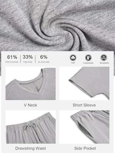 Tankaneo Womens 2 Piece Outfits Lounge Sets Oversized Short Sleeve V Neck Tshirts Wide Leg Cropped Pants Matching Set, Light Grey, Medium - Thumbnail 5