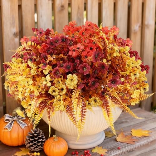 Enlightcode Artificial Fall Flowers for Outdoors, Artificial Mums of Fake Flowers for Outdoor Planters, No Fade Vibrant Artificial Flowers with Ferns for Porch Patio Yard Decoration, 12 Bundles - Image 1