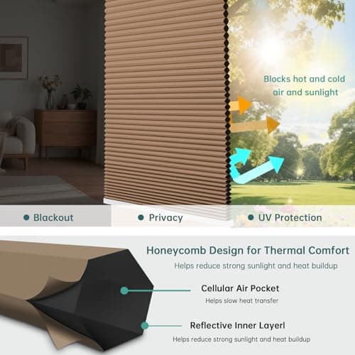 Changshade Top Down Bottom Up Blackout Cellular Shades, Cordless Honeycomb Blinds for Windows, Light Blocking & Total Privacy for Day Sleepers,Light Brown,34" W*72" H - Thumbnail 3